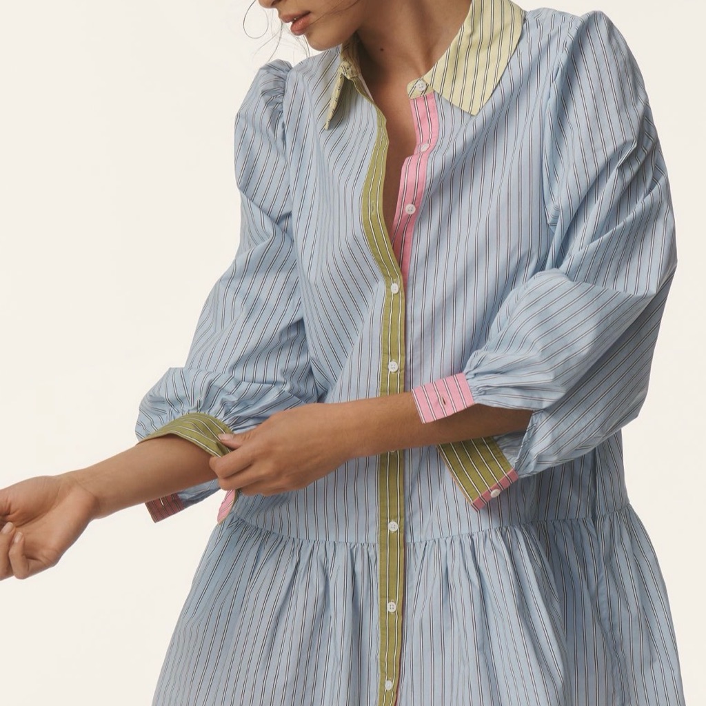 English Factory Blue Striped Dress With Pink And Green Details
